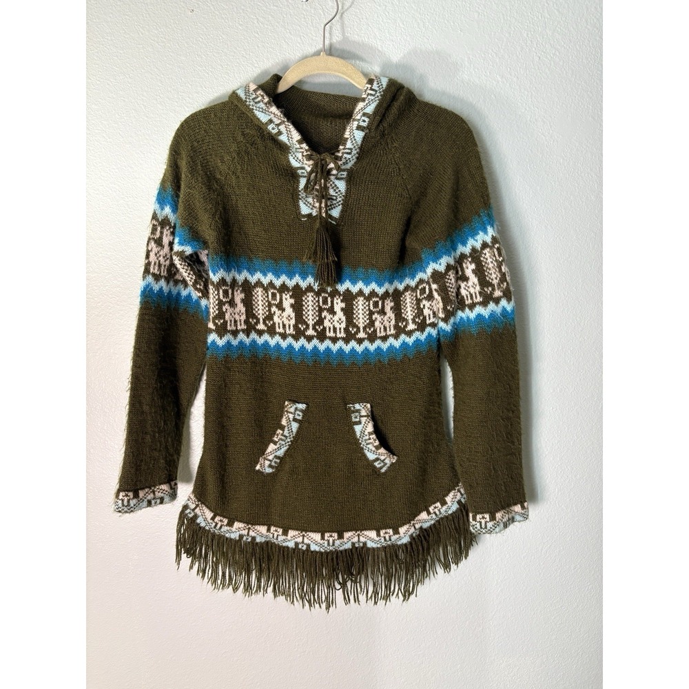 Albinaas Alpaca Hooded Sweater Peruvian Llama Fringe Boho Festival Small S